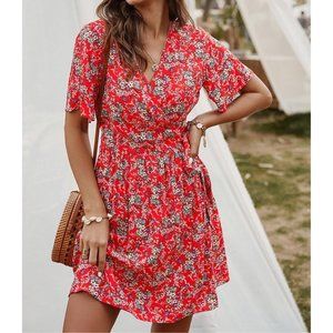 NWT Red Floral Short-Sleeve A-Line Wrap Dress